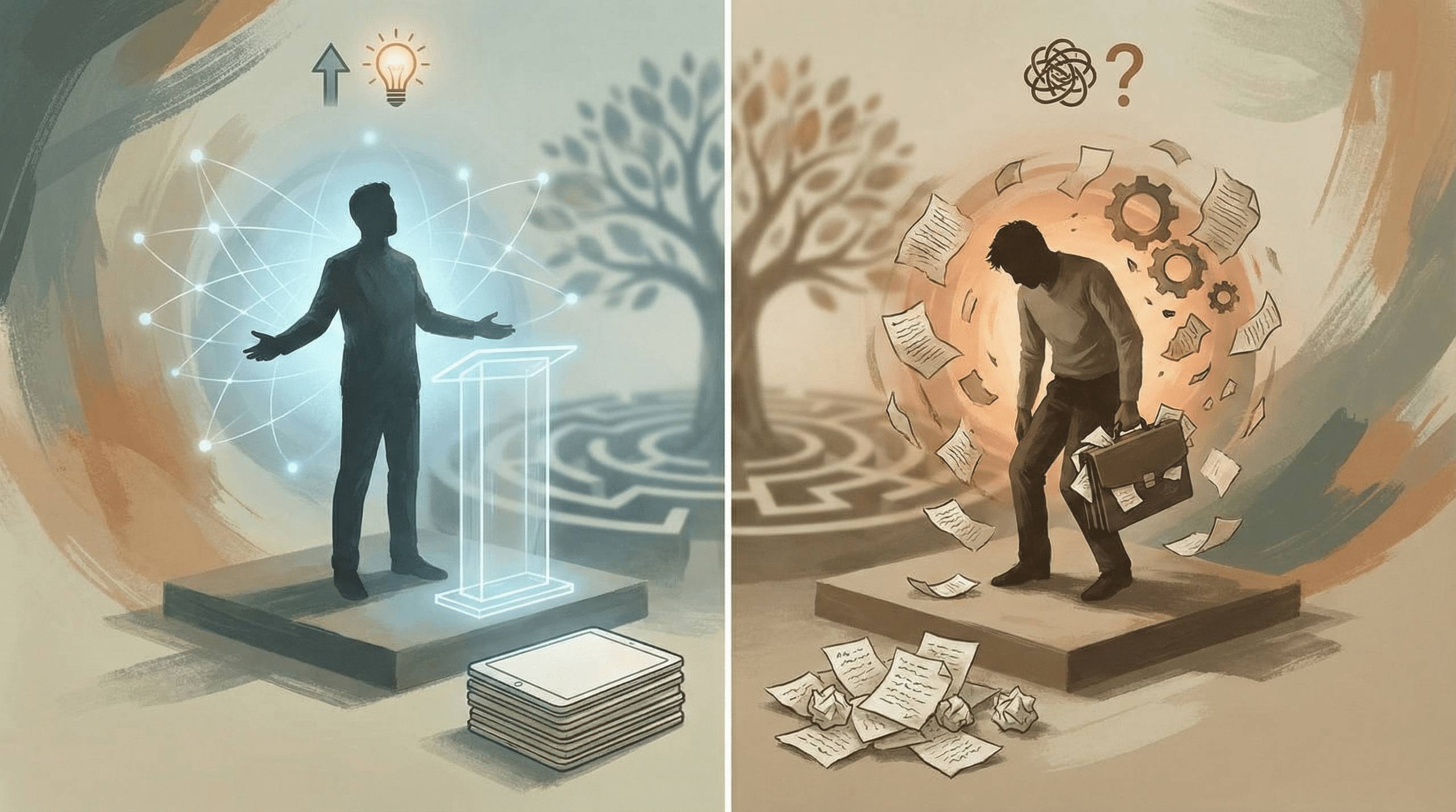 Split-screen comparison showing confident presenter vs. someone fumbling with notes