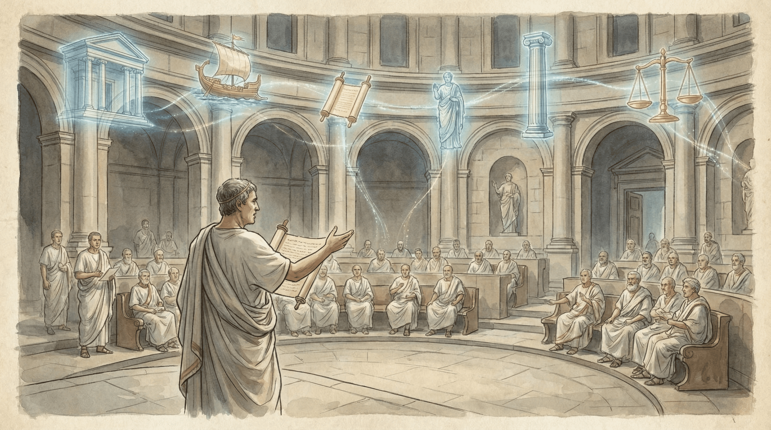 Illustration of Roman orator in the Senate, with ghostly images representing memory palace locations around the chamber