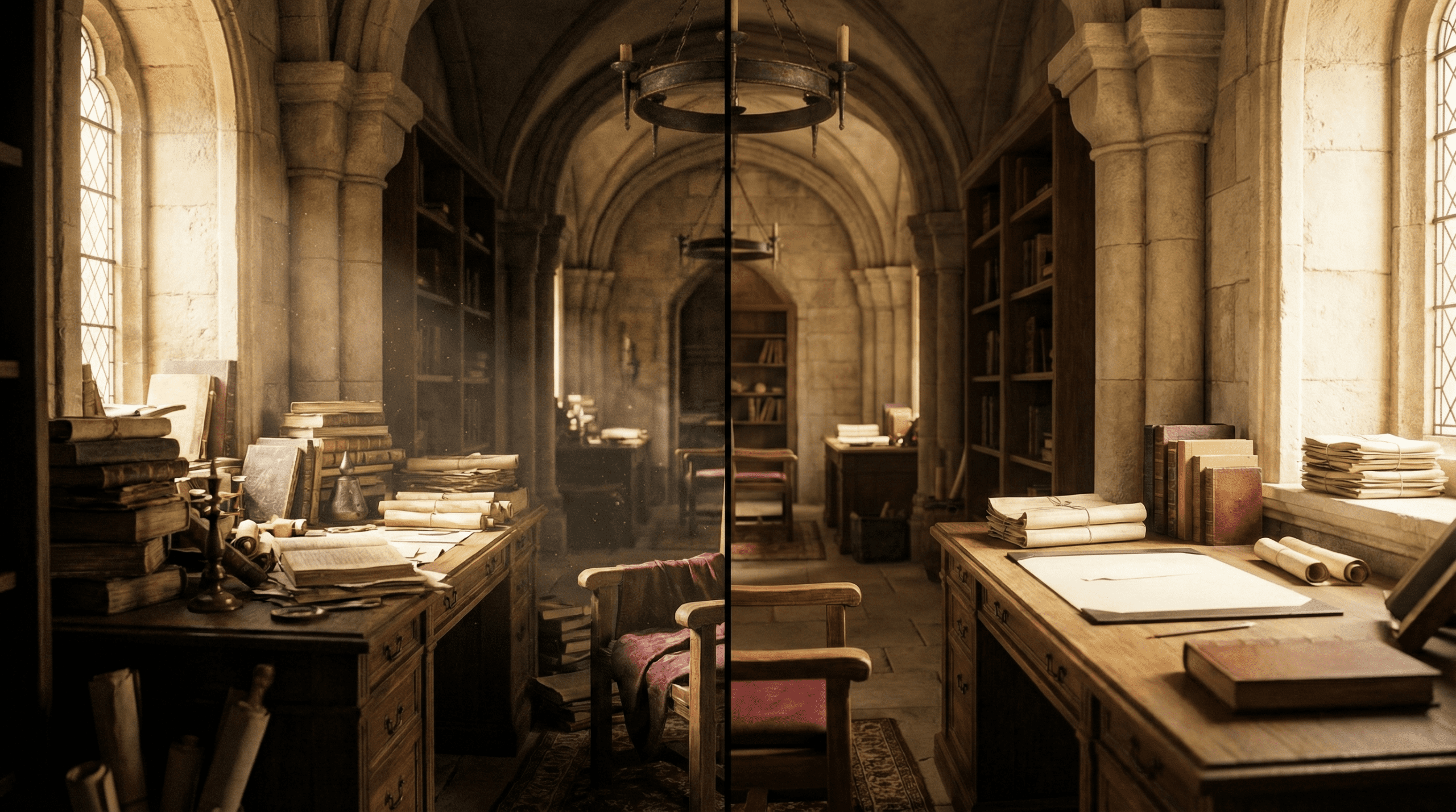 Split-screen image showing a cluttered desk vs. an organized workspace, metaphor for cluttered vs. organized mind