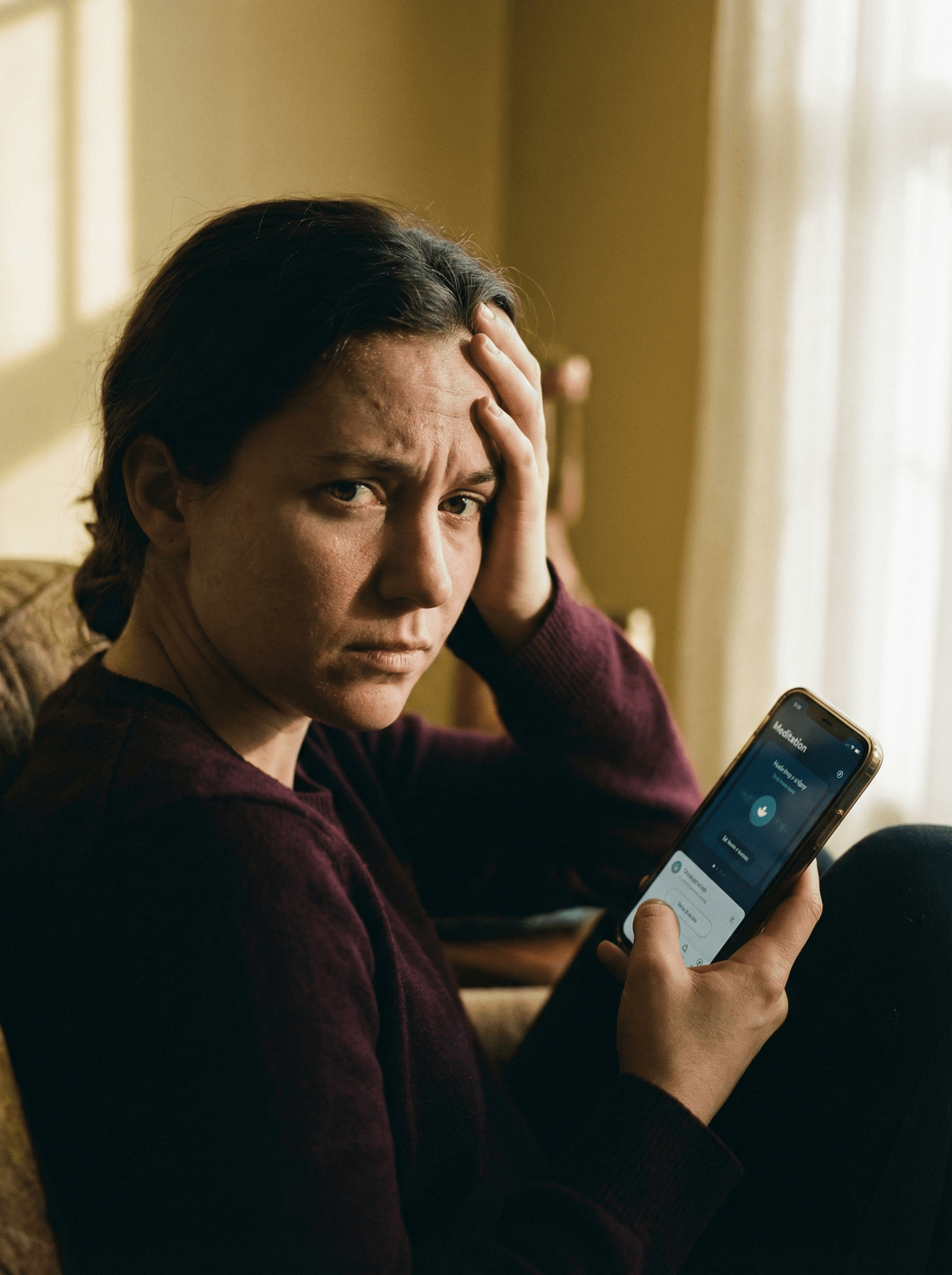 Person looking frustrated while using a meditation app on their phone