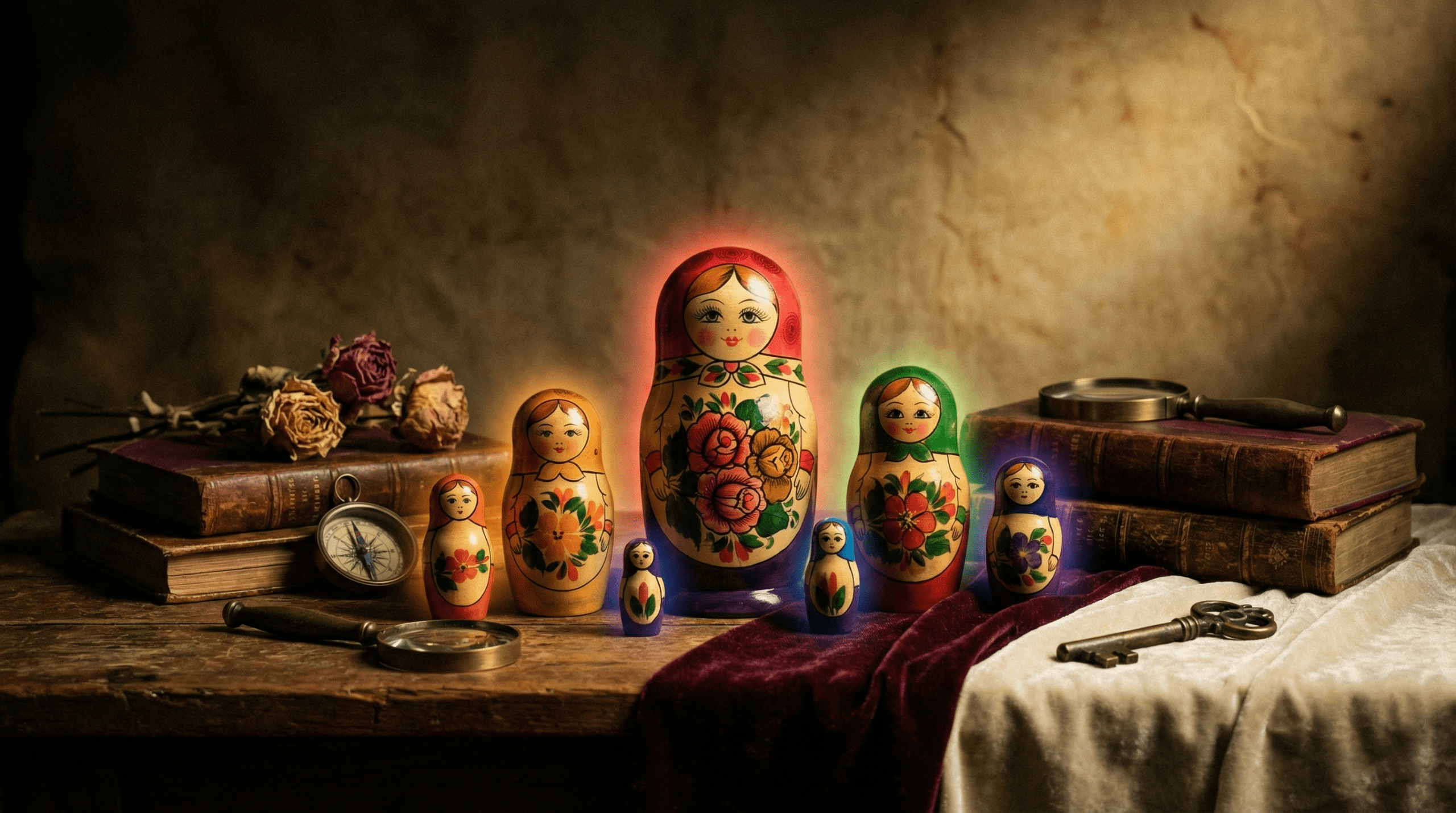Glowing Russian dolls with different colored auras representing various emotions