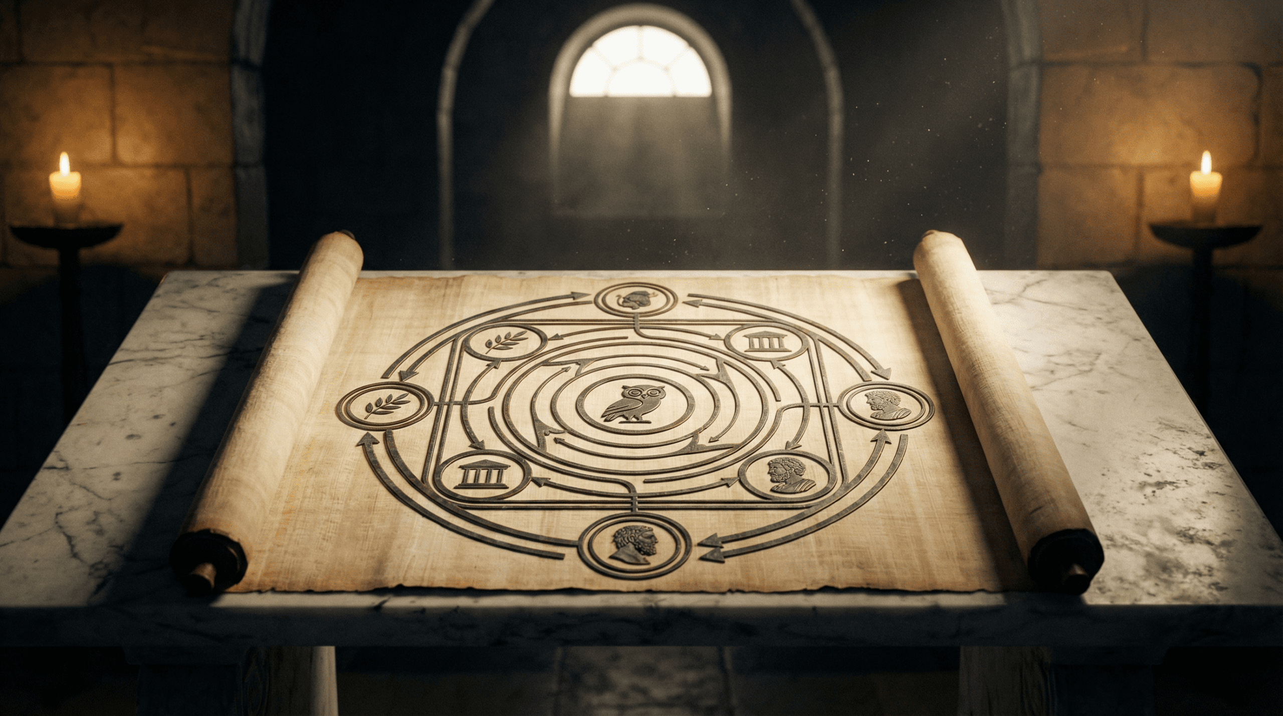 Ancient scroll with nested diagrams showing hierarchical philosophical concepts connected by arrows