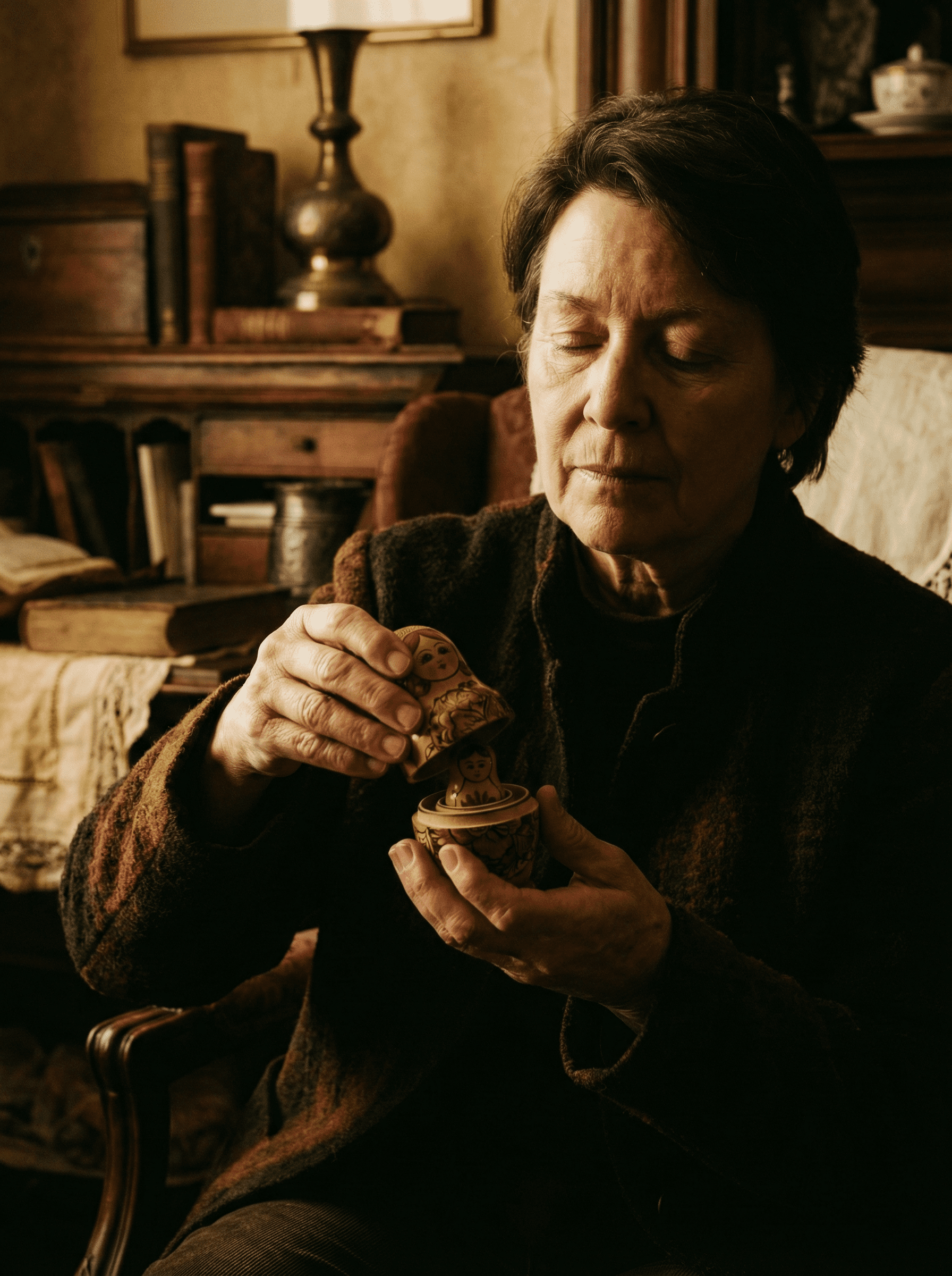 Person sitting quietly with eyes closed, hands positioned as if opening something, with soft lighting suggesting concentration