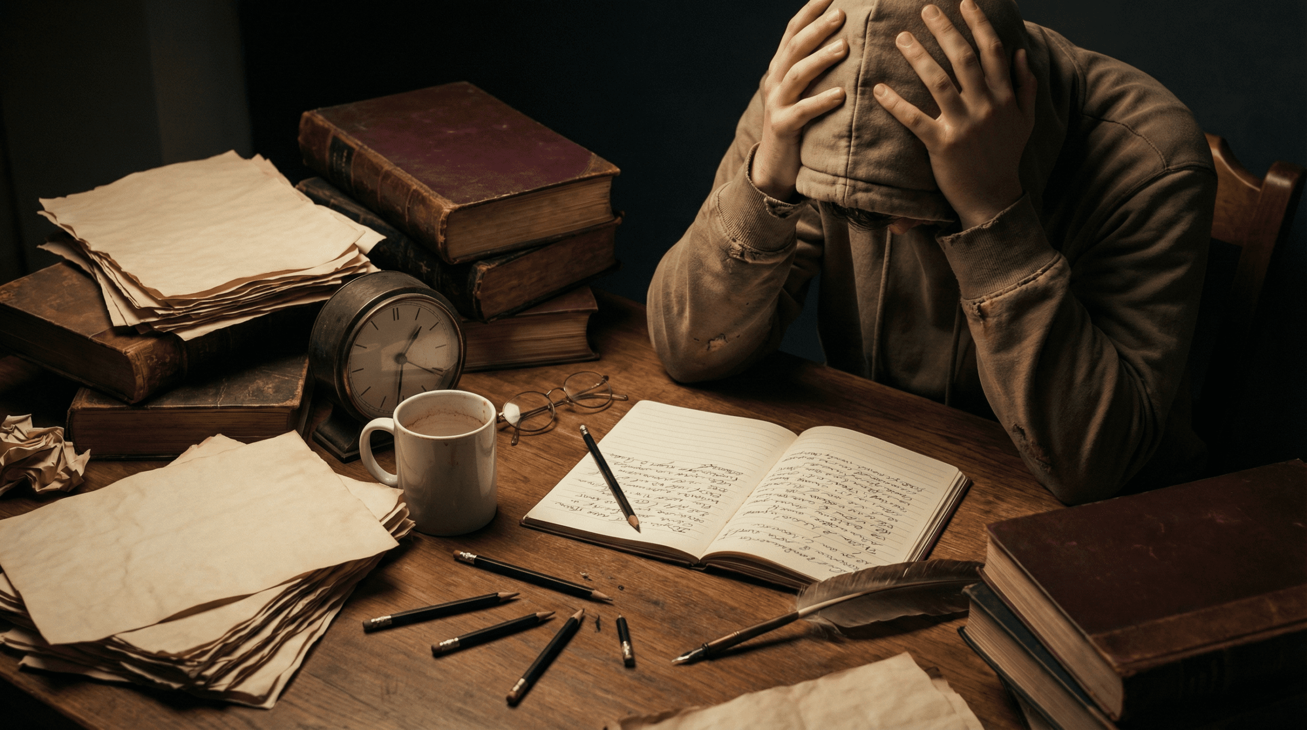 Frustrated student surrounded by textbooks and notes at 2 AM, highlighting the common struggle of ineffective studying