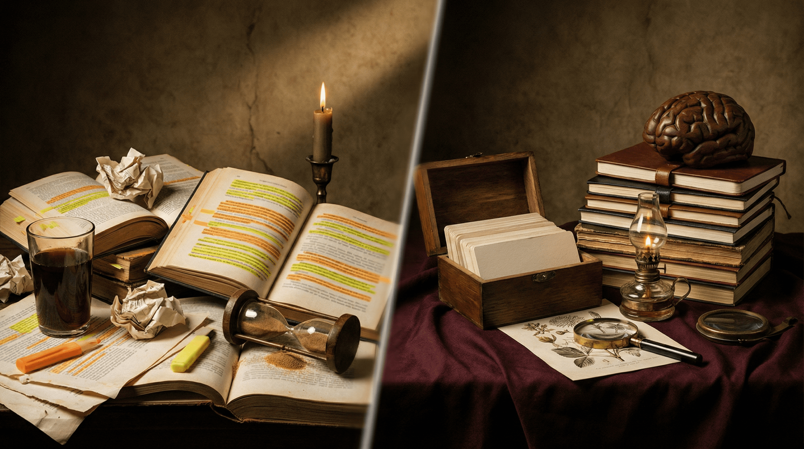 Split comparison showing ineffective study methods (highlighting, cramming) versus effective active learning techniques