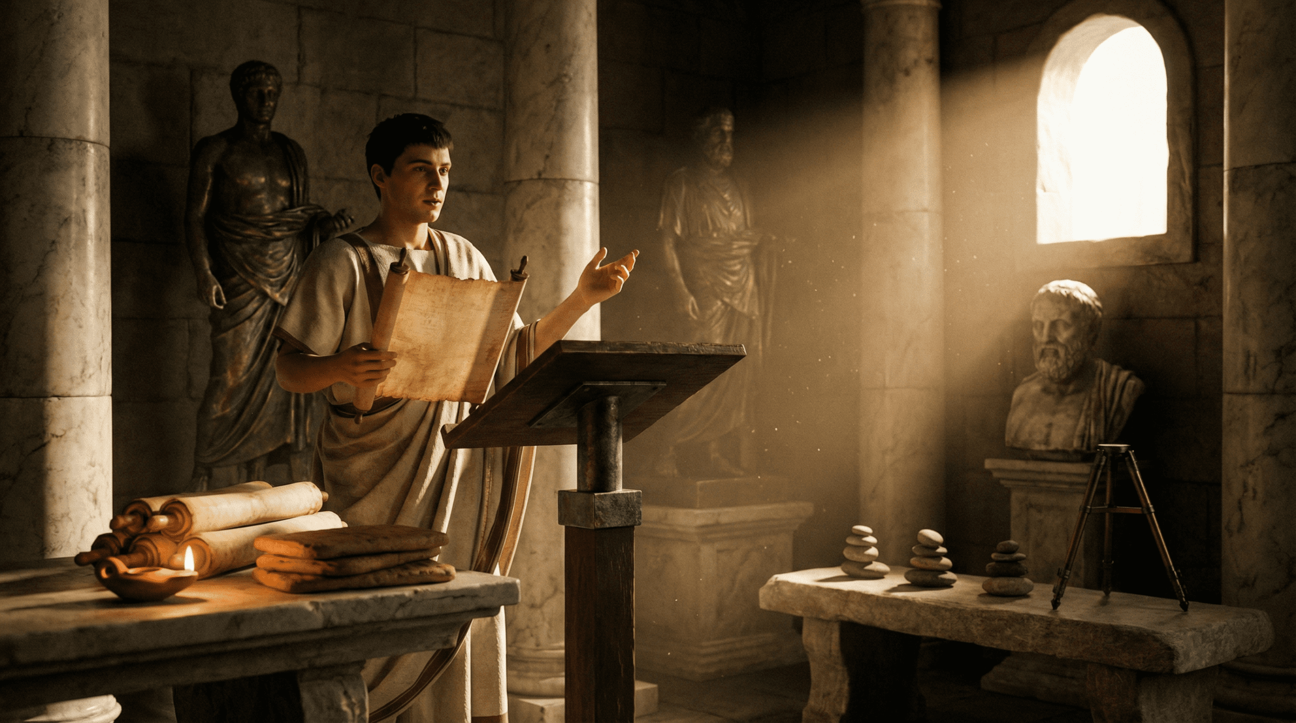 Ancient Roman student practicing rhetoric, paralleling modern spaced repetition study methods