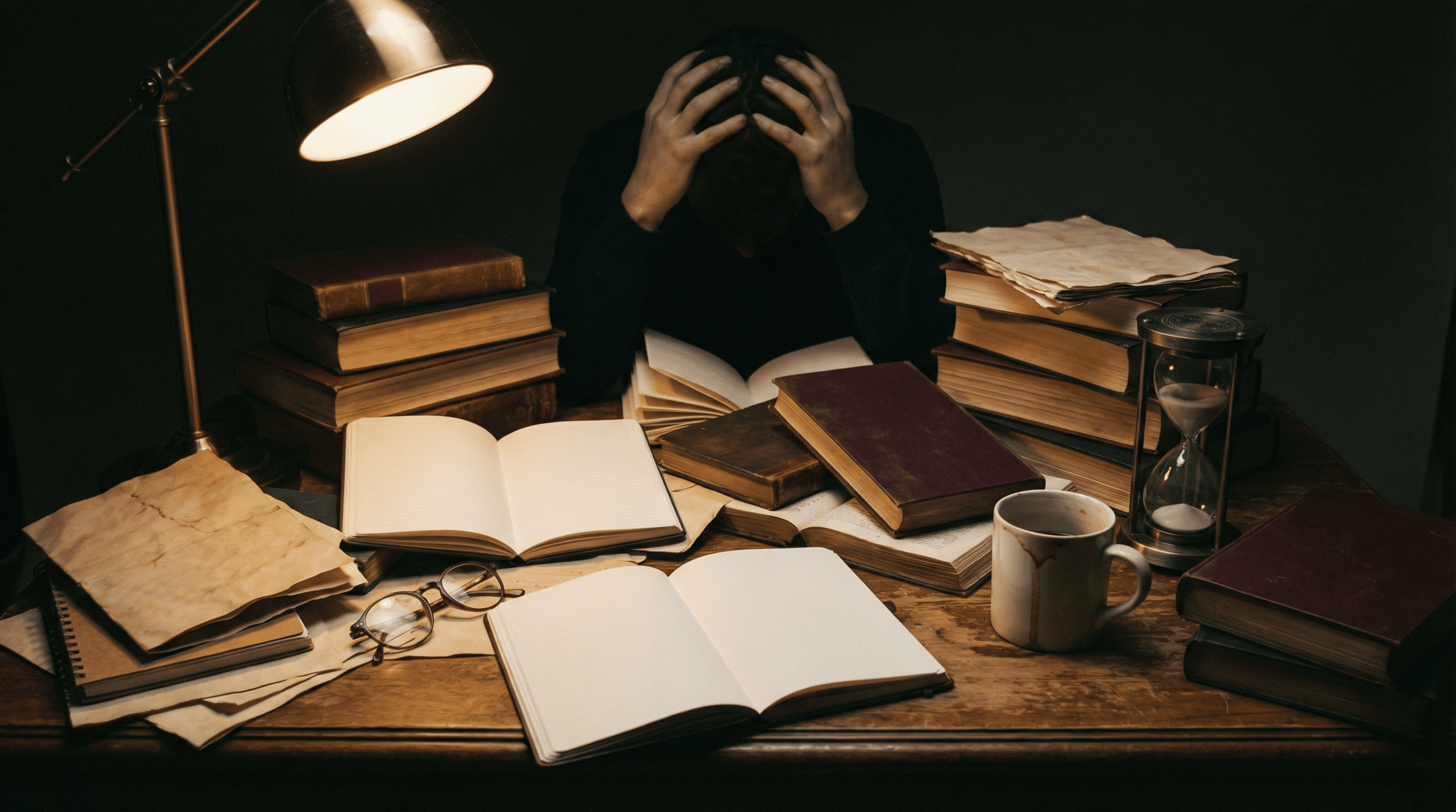 Student surrounded by scattered textbooks and notes at a desk late at night, looking stressed with coffee cup nearby