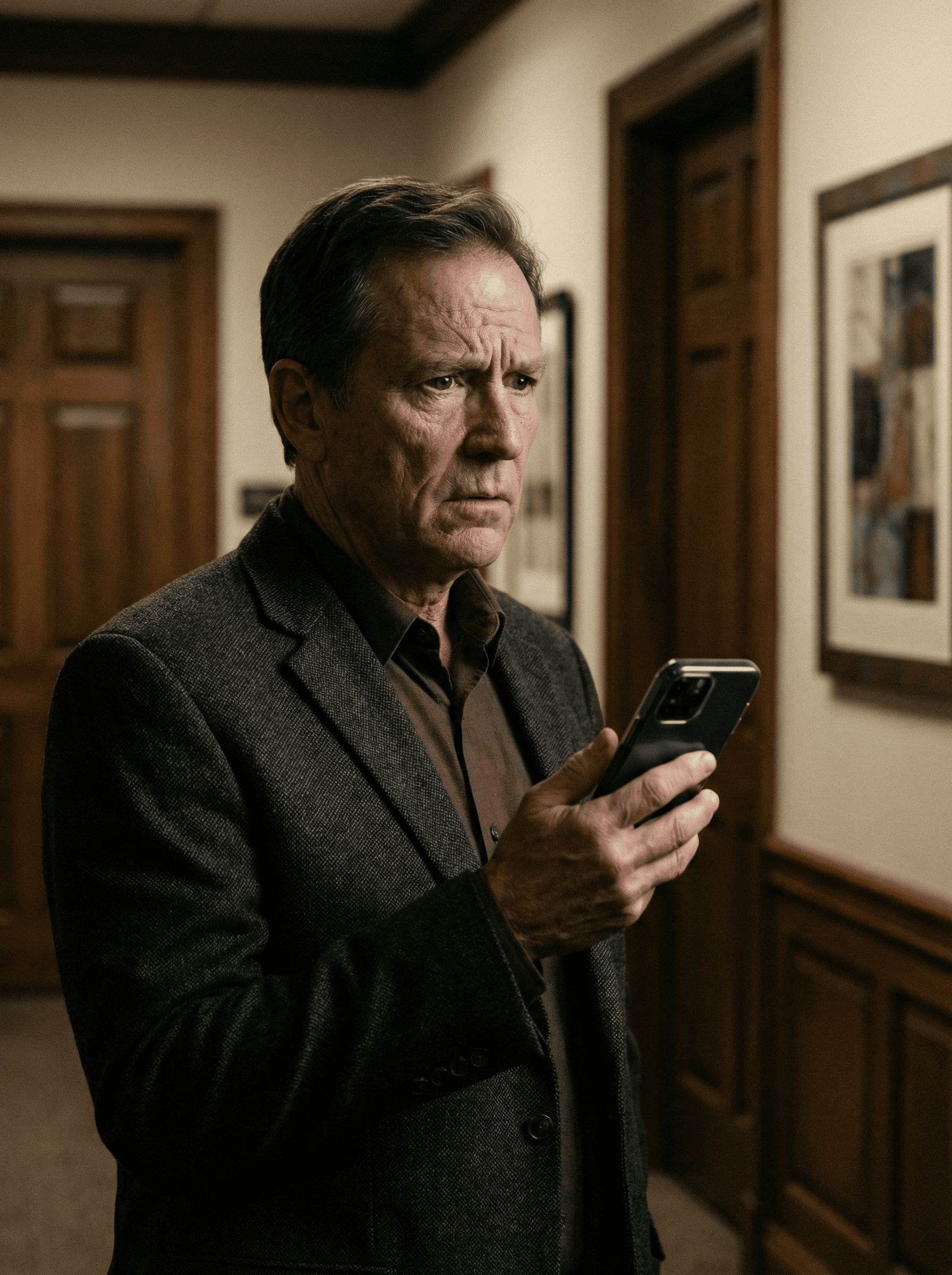 Professional person checking phone with concerned expression in office hallway, about to enter important meeting