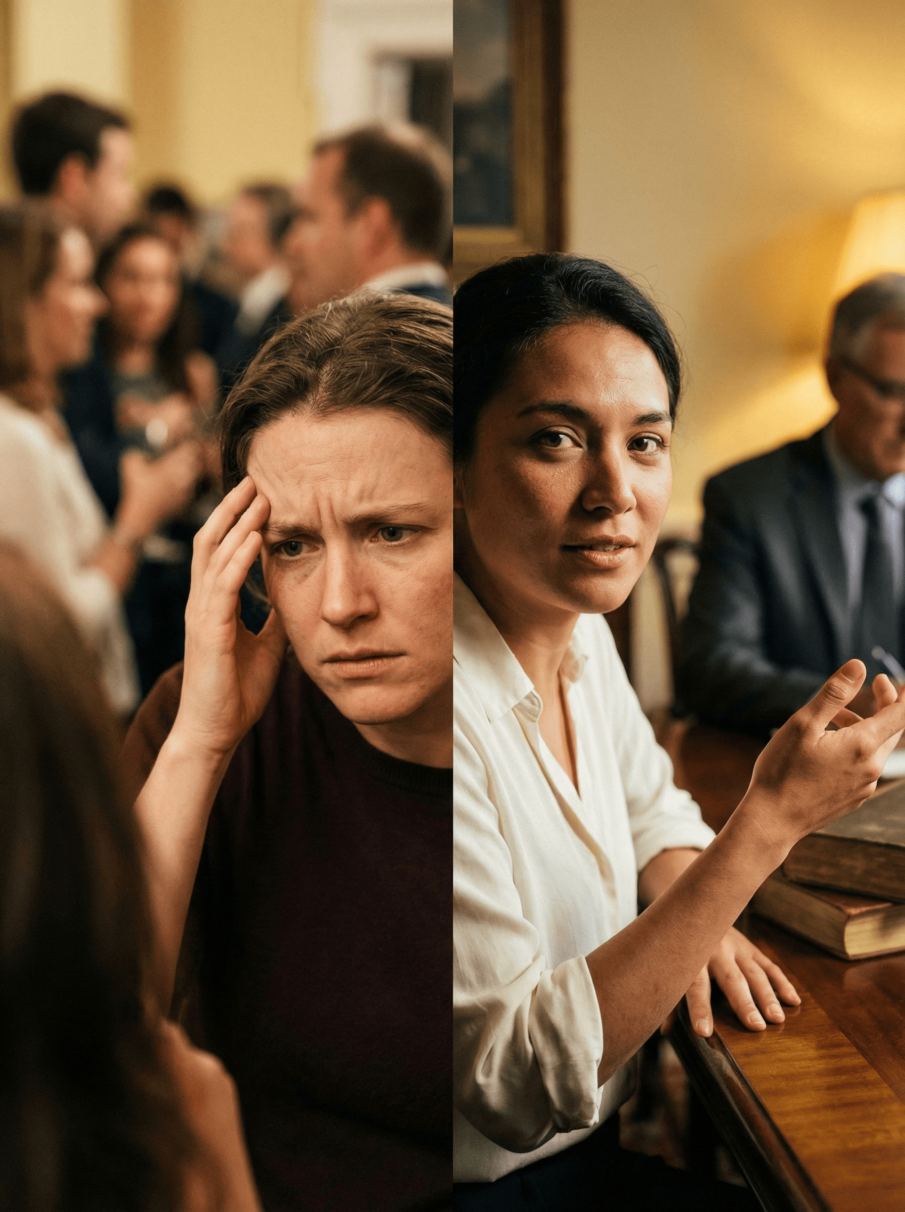 Split image showing stressed person forgetting names at networking event versus confident person easily recalling details in business meeting