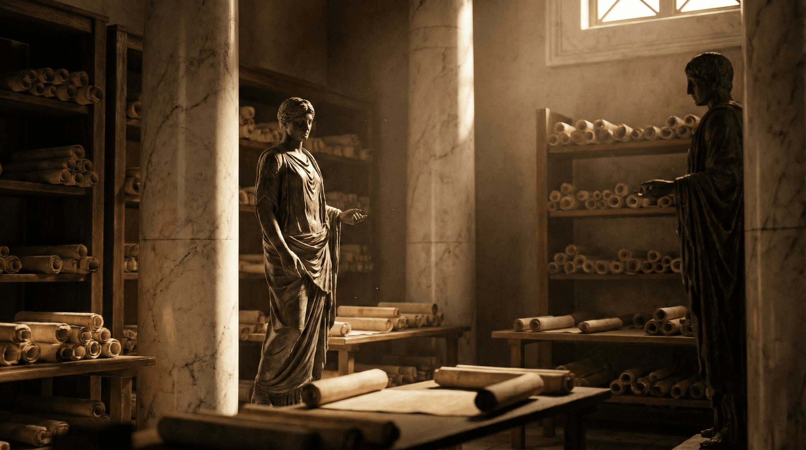 Classical Roman library interior with marble columns and scrolls, representing ancient learning and memory traditions
