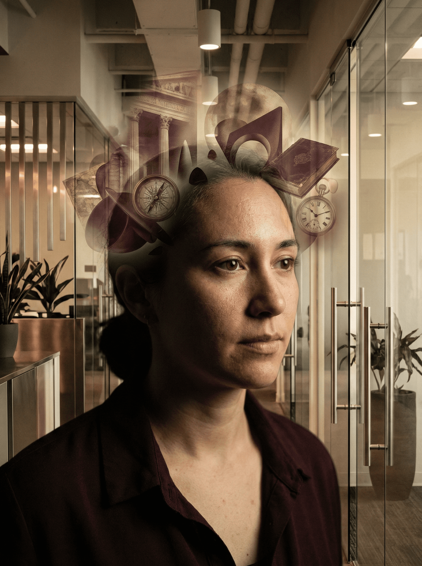 Person walking through modern office space with translucent overlay showing memory palace visualization technique in action