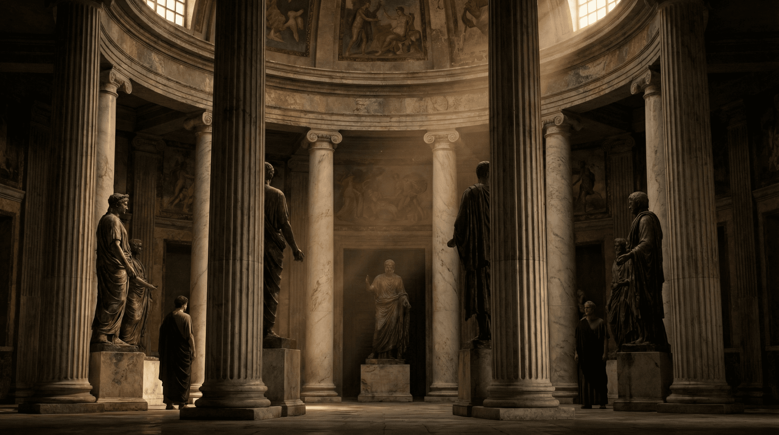 Ancient Roman interior with columns and statues, representing a classical memory palace setting