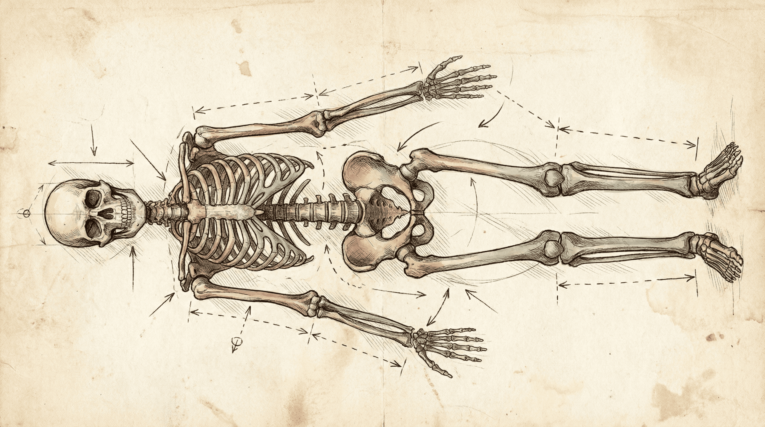 Anatomical diagram showing the complete human skeleton with major bone groups highlighted in different colors