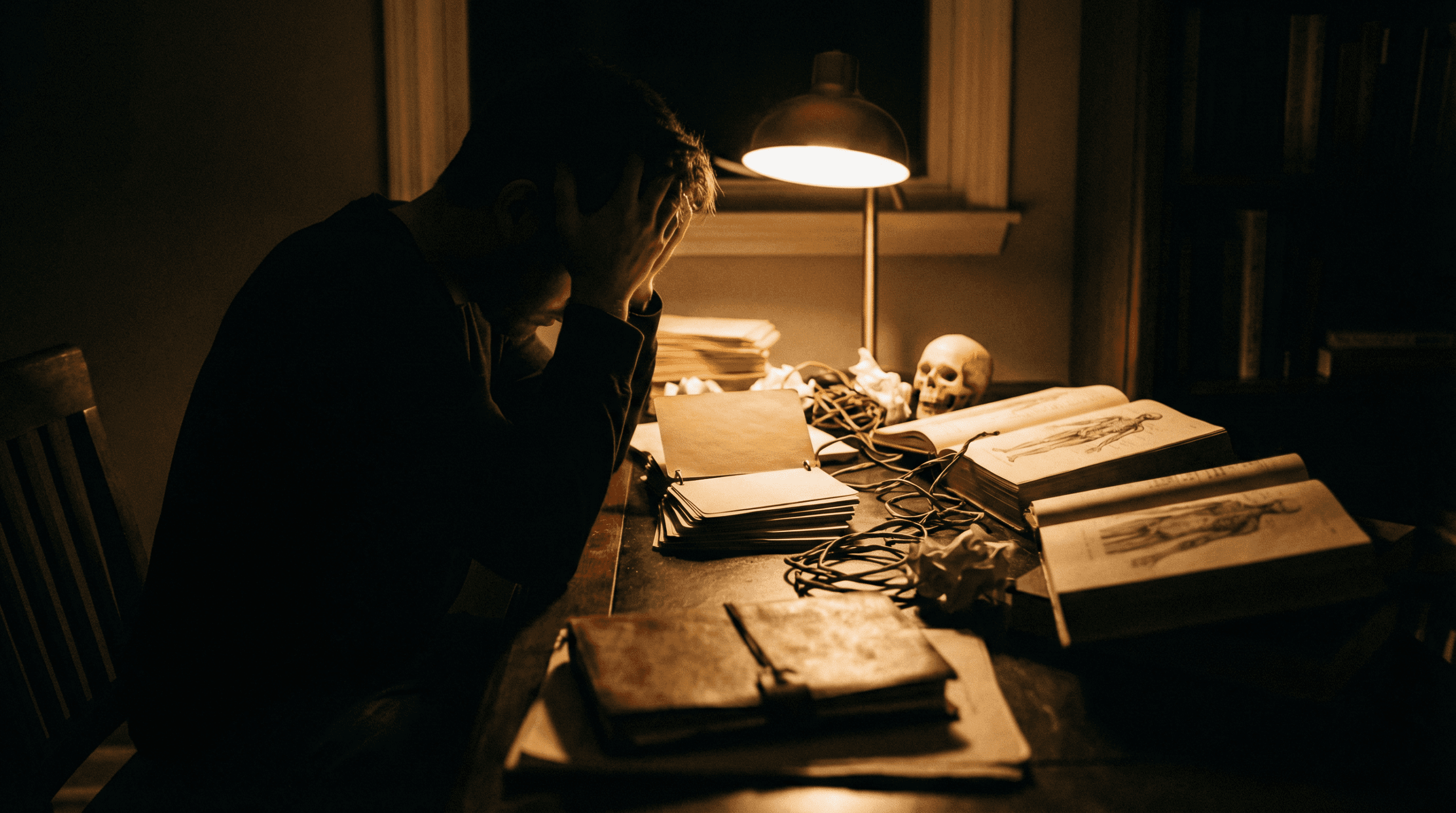 Medical student at desk late at night surrounded by anatomy flashcards and textbooks, looking overwhelmed