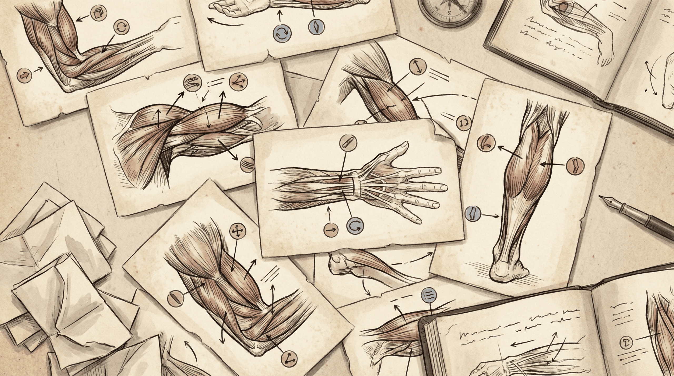 Scattered flashcards showing various muscle diagrams and text, demonstrating the chaotic nature of random drilling