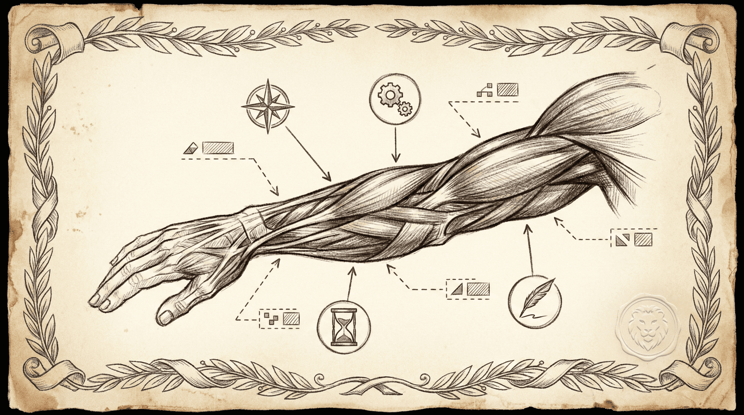 Anatomical diagram of forearm showing muscles organized in systematic numerical groups with clear labels