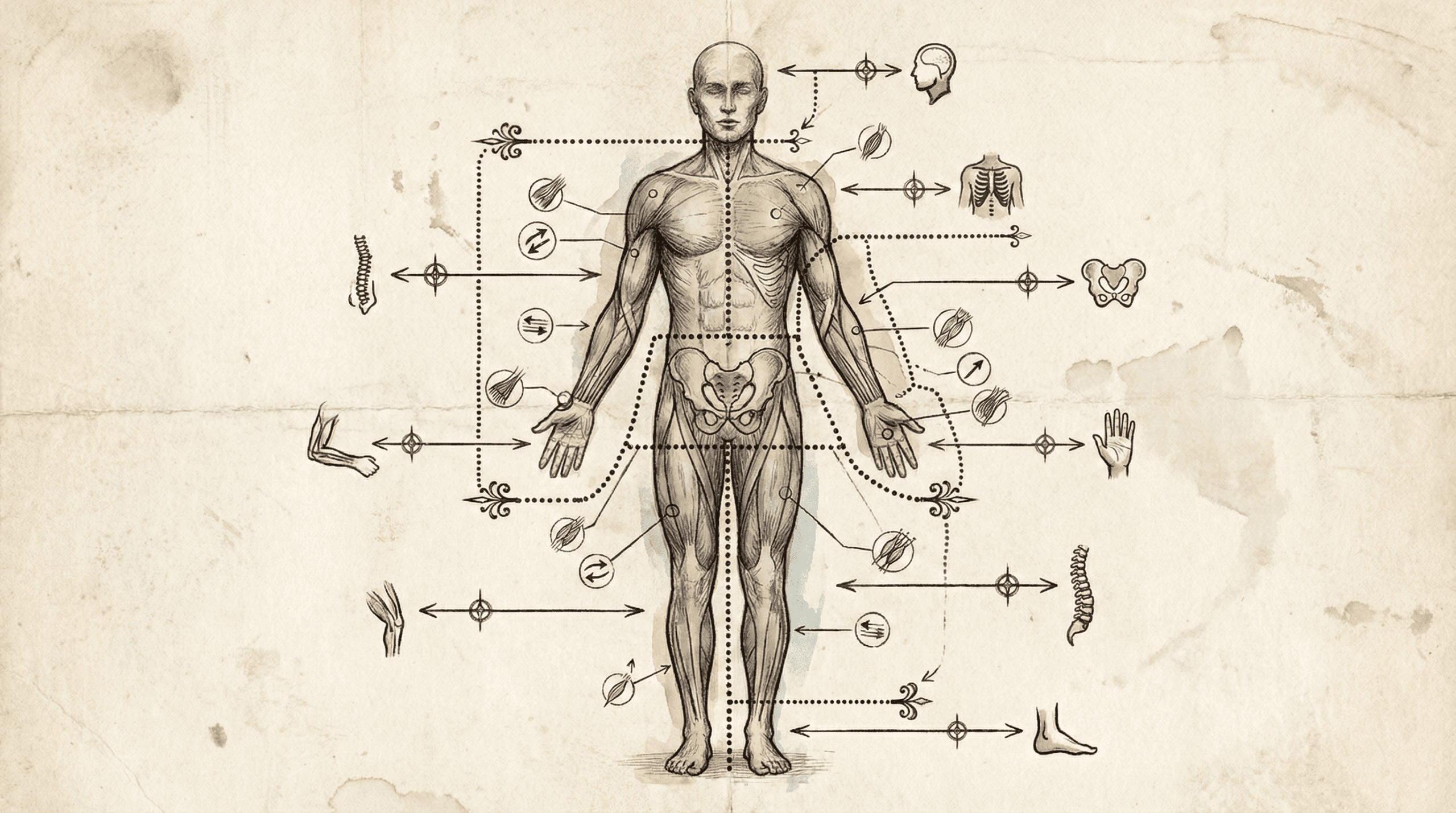 Human body diagram divided into the eight regions with clear boundary lines and labels