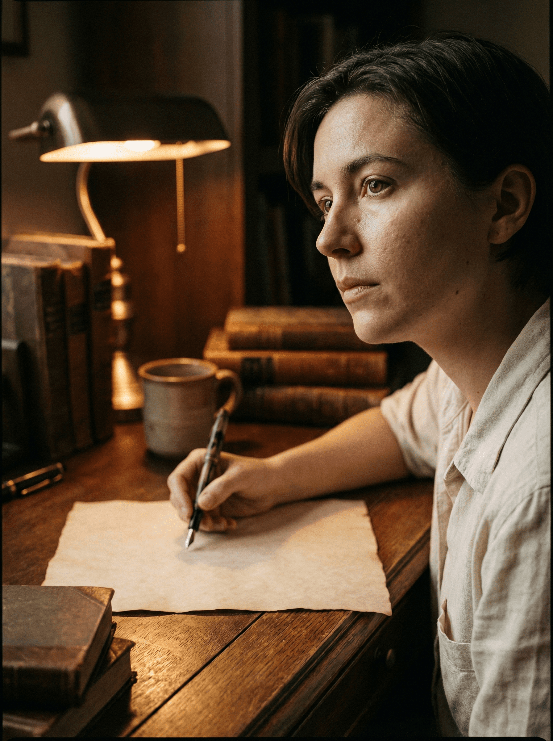 Person sitting at desk with blank paper, actively writing muscle names from memory without looking at any reference materials