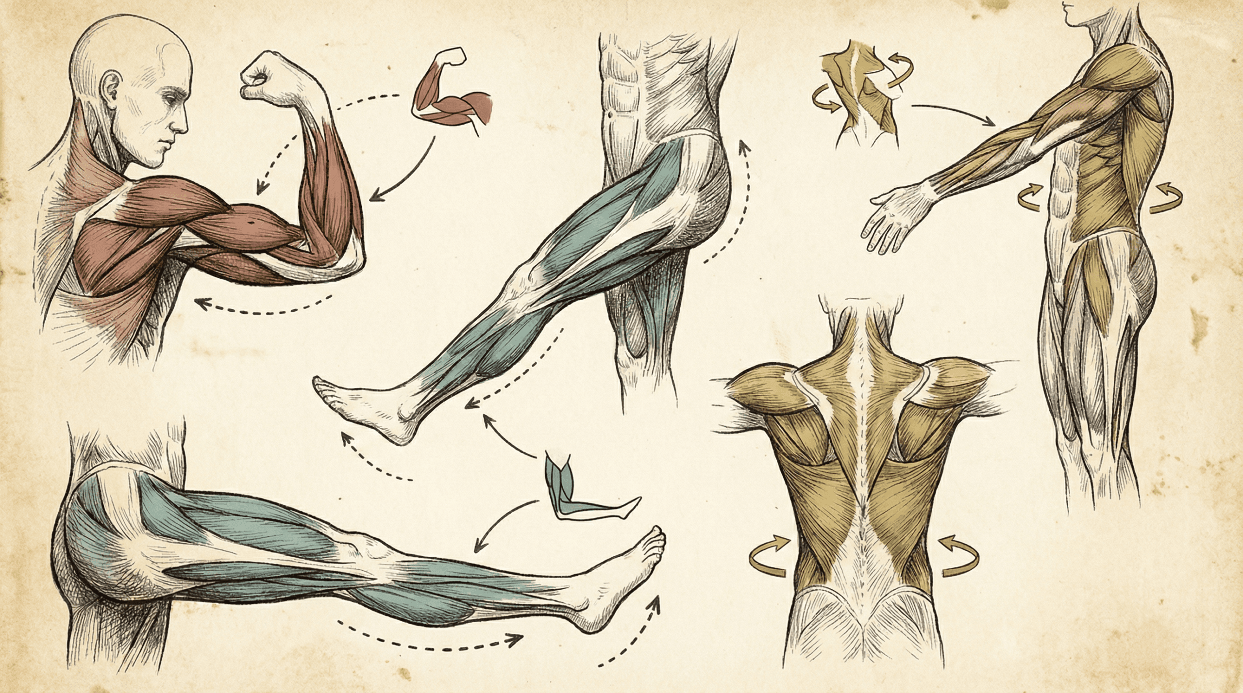 Anatomical diagram showing muscles grouped by function with different colors representing different movement types like flexors, extensors, rotators