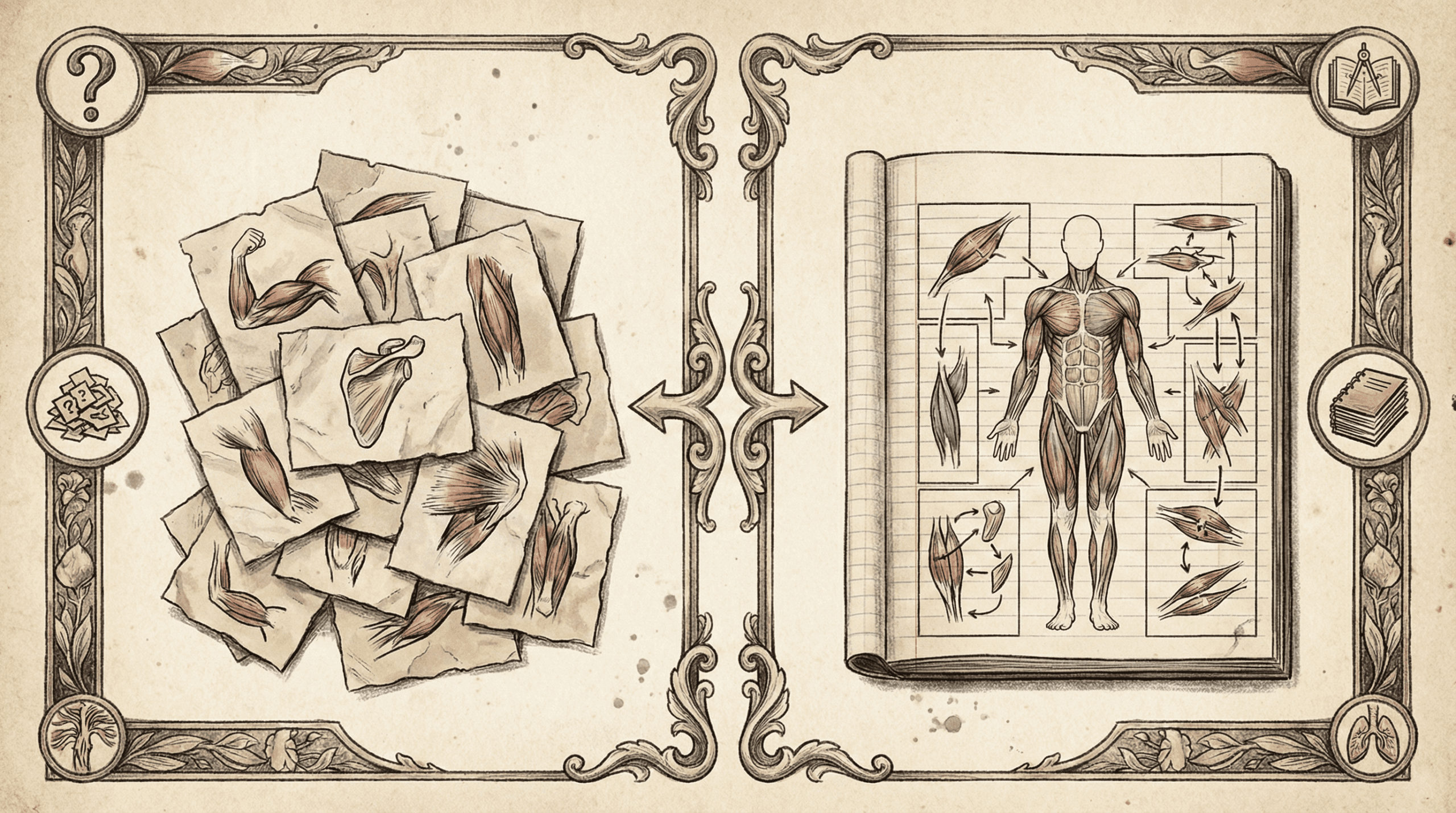 Before and after comparison showing messy flashcards versus organized systematic notes with clear frameworks