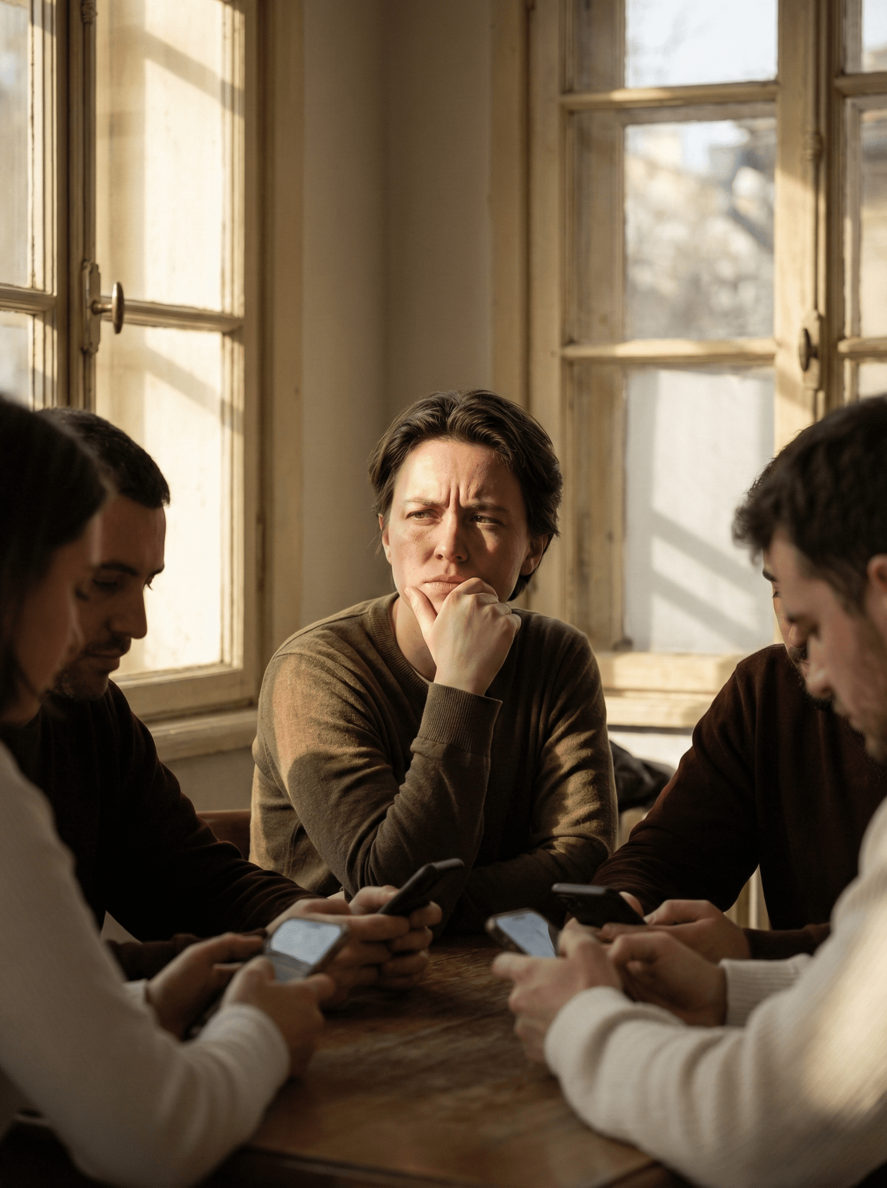 Person sitting in Bible study group looking confused while others check their phones, warm morning light filtering through windows
