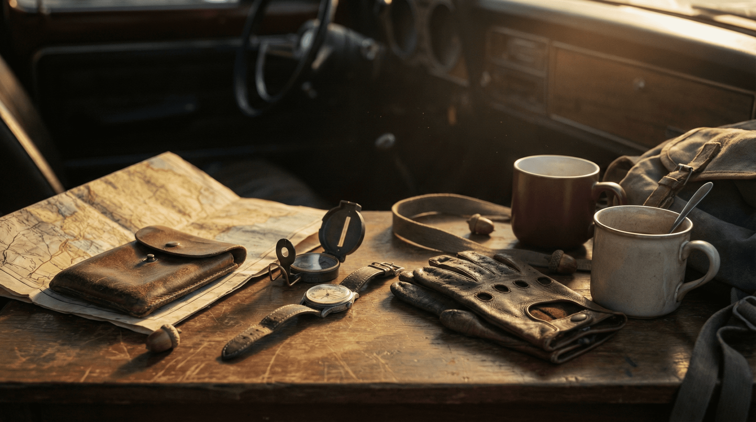 Father and teenage son talking in car during golden hour, both looking thoughtful and engaged in conversation
