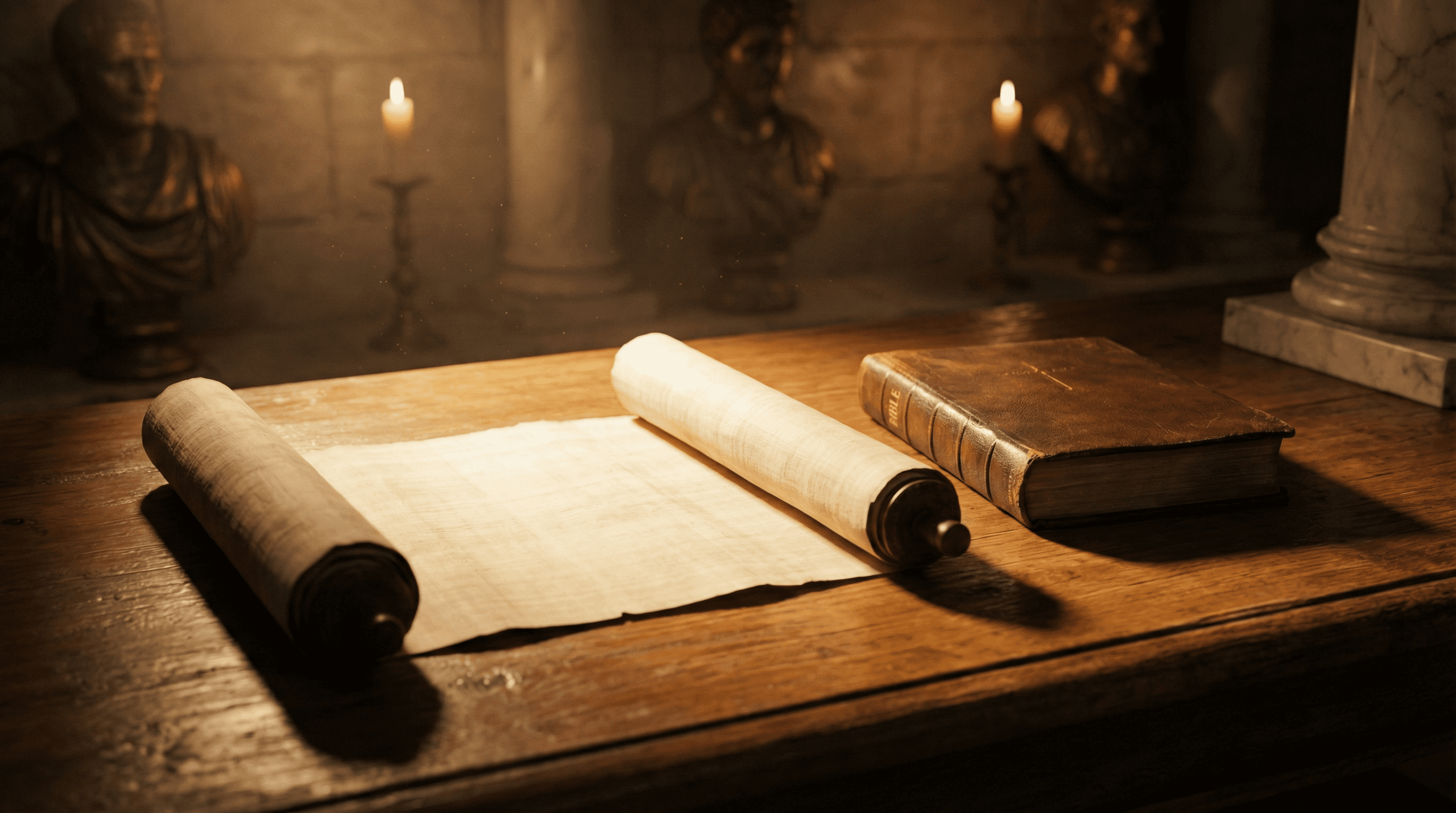 Ancient Roman scroll and modern Bible side by side on wooden desk, symbolizing timeless wisdom connecting across centuries