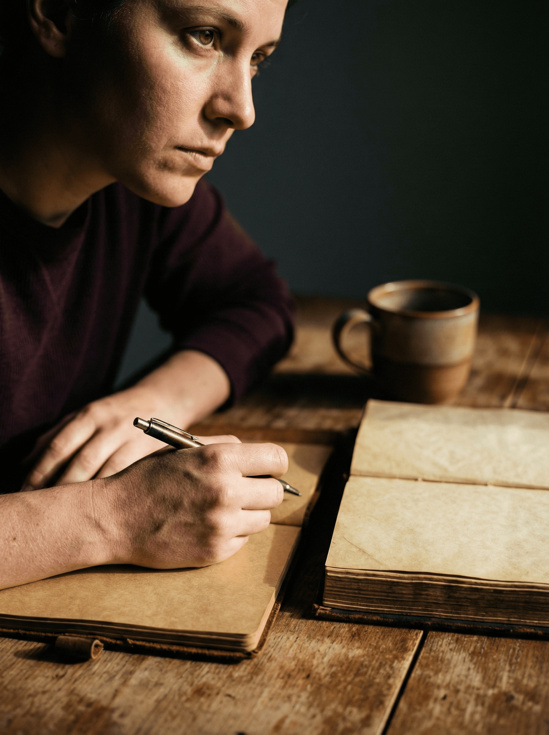 Person writing in notebook with open Bible nearby, morning sunlight streaming across wooden table, coffee cup in background