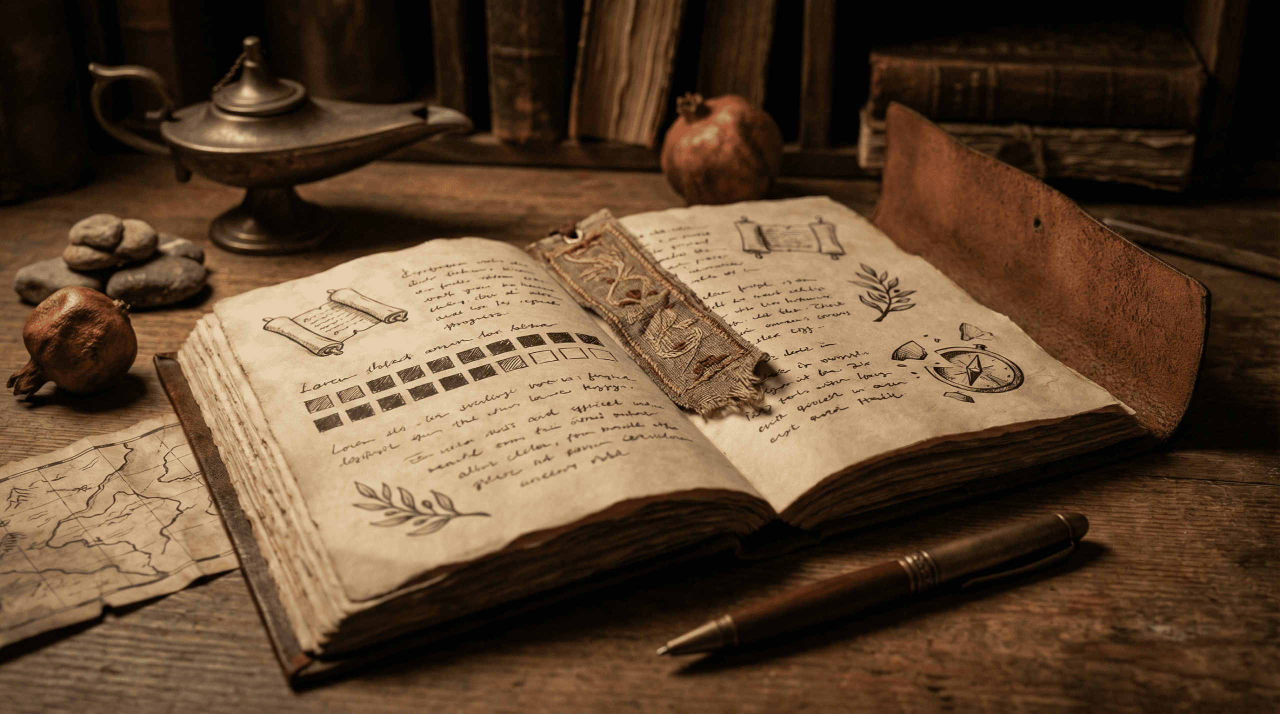 Progress tracking journal open on desk showing checked-off days and handwritten Bible verses, with pen and bookmark visible