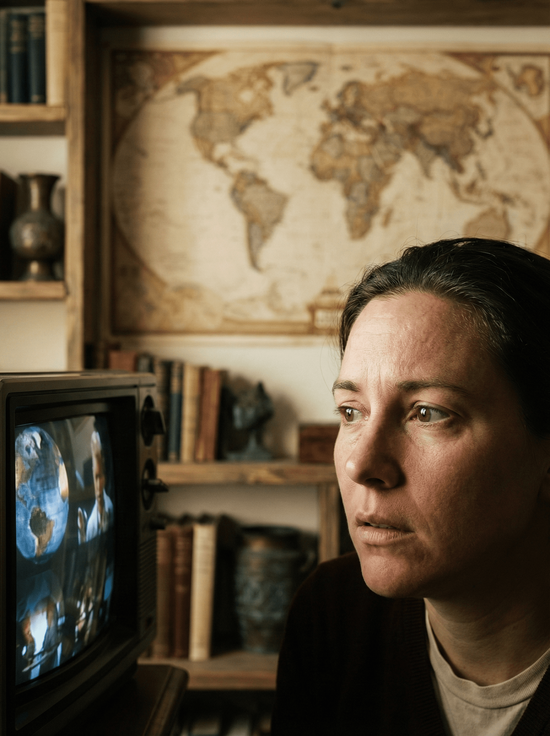 Person looking confused while watching world news on television, with a world map visible in the background showing their geographical knowledge gaps