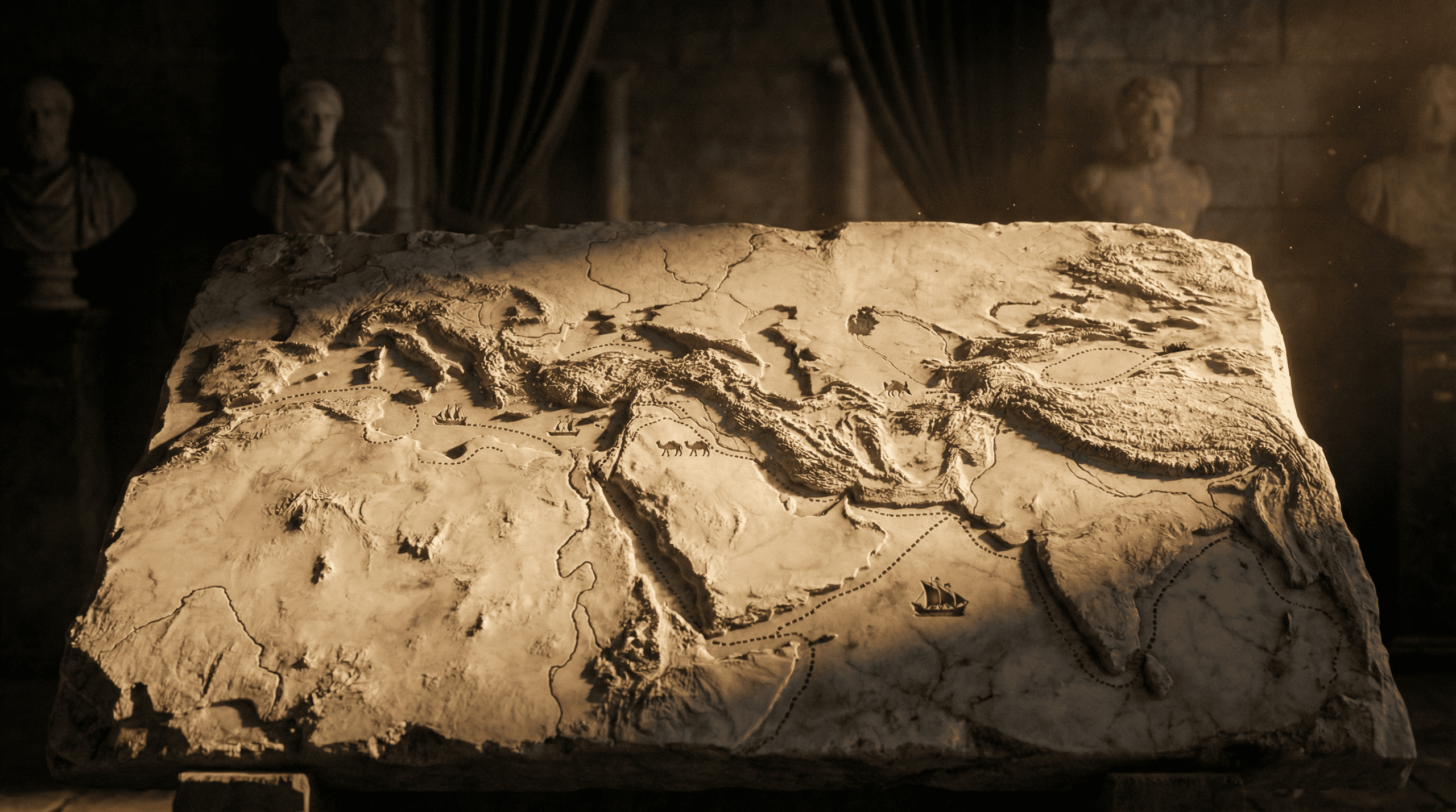 Ancient Roman map carved in stone showing the known world, with detailed geographic features and trade routes