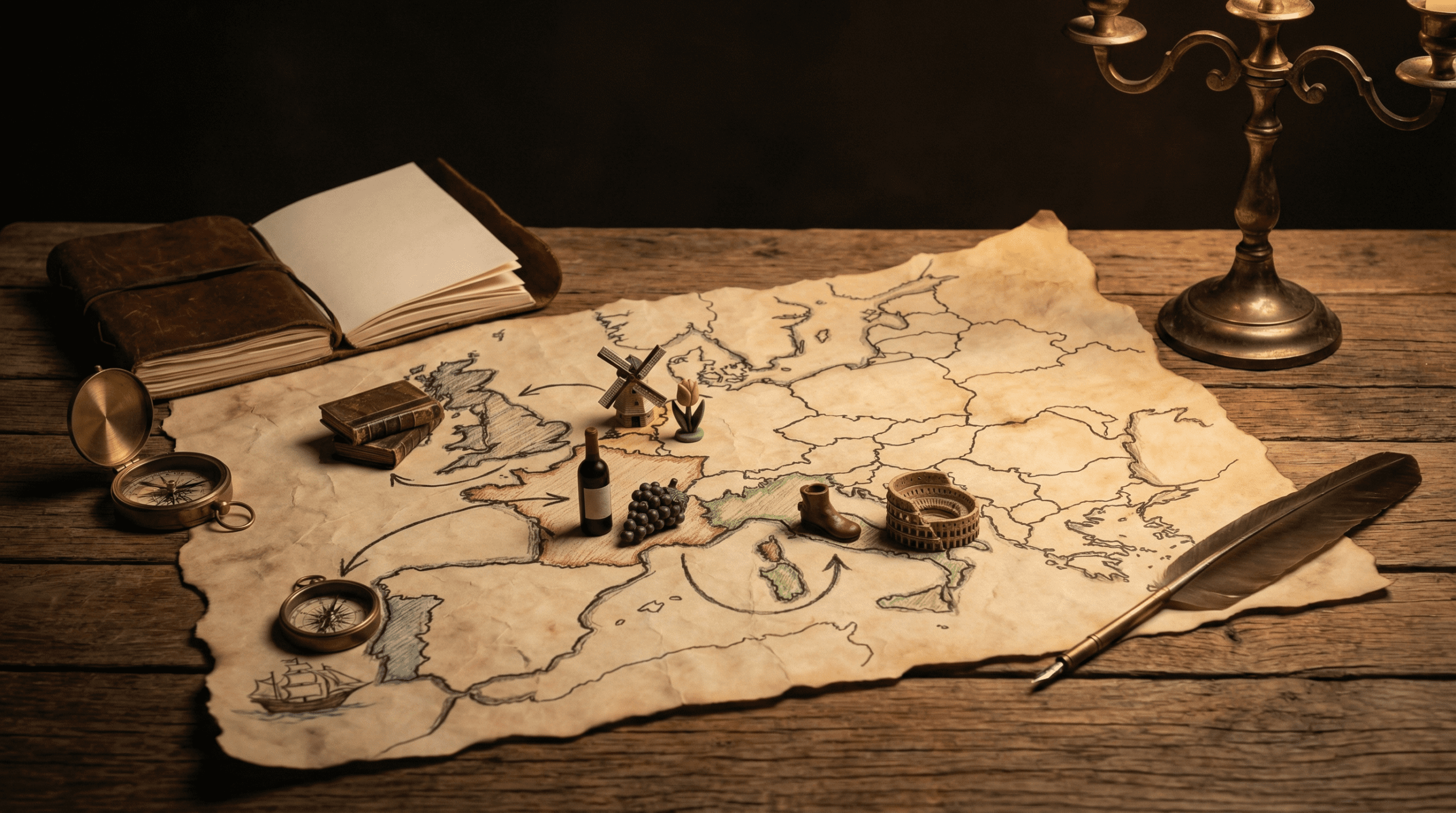 Hand-drawn memory map showing European countries with visual mnemonics and spatial relationships marked