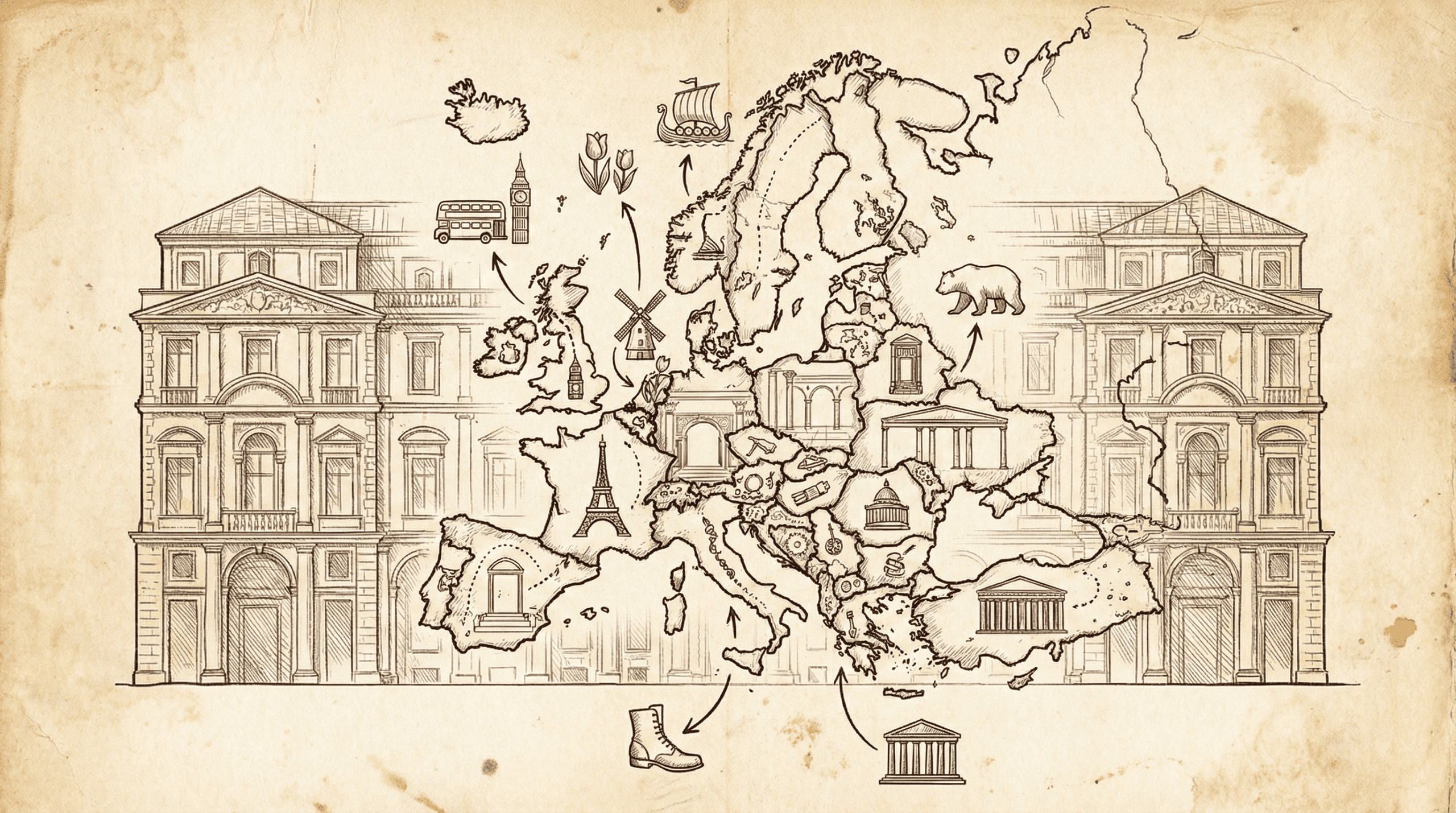 Detailed diagram showing memory palace technique applied to European geography, with familiar building layout overlaid with country positions