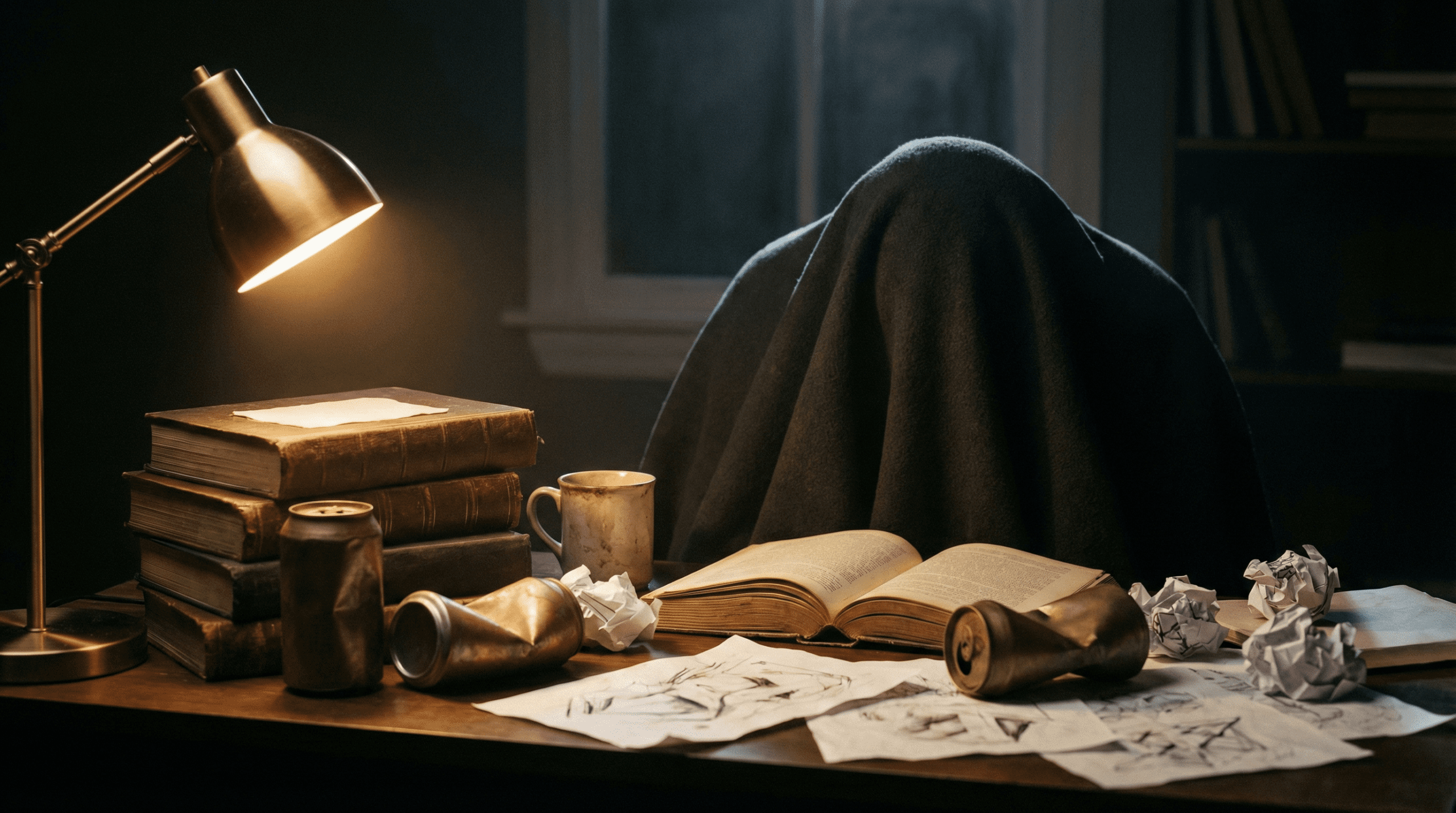 Exhausted student surrounded by textbooks and energy drink cans, slumped over desk at 2 AM
