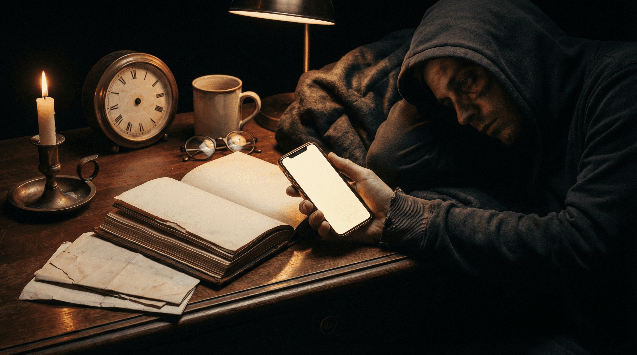 Student checking phone at 3 AM with dark circles under eyes, textbooks still open on desk