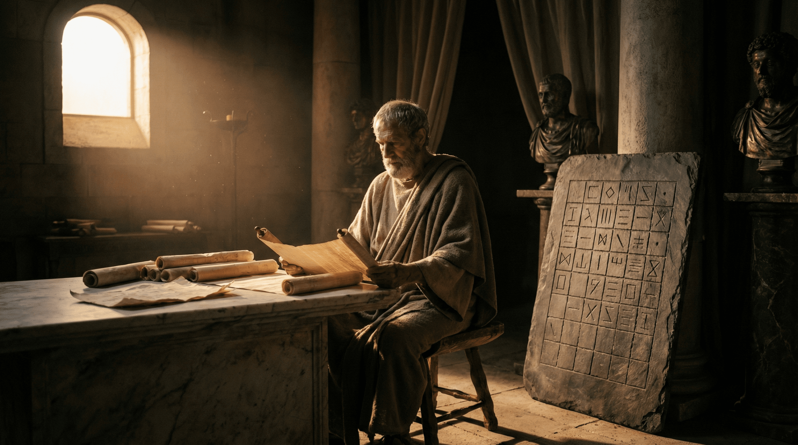 Ancient Roman studying scrolls at dawn, with structured daily schedule visible on stone tablet