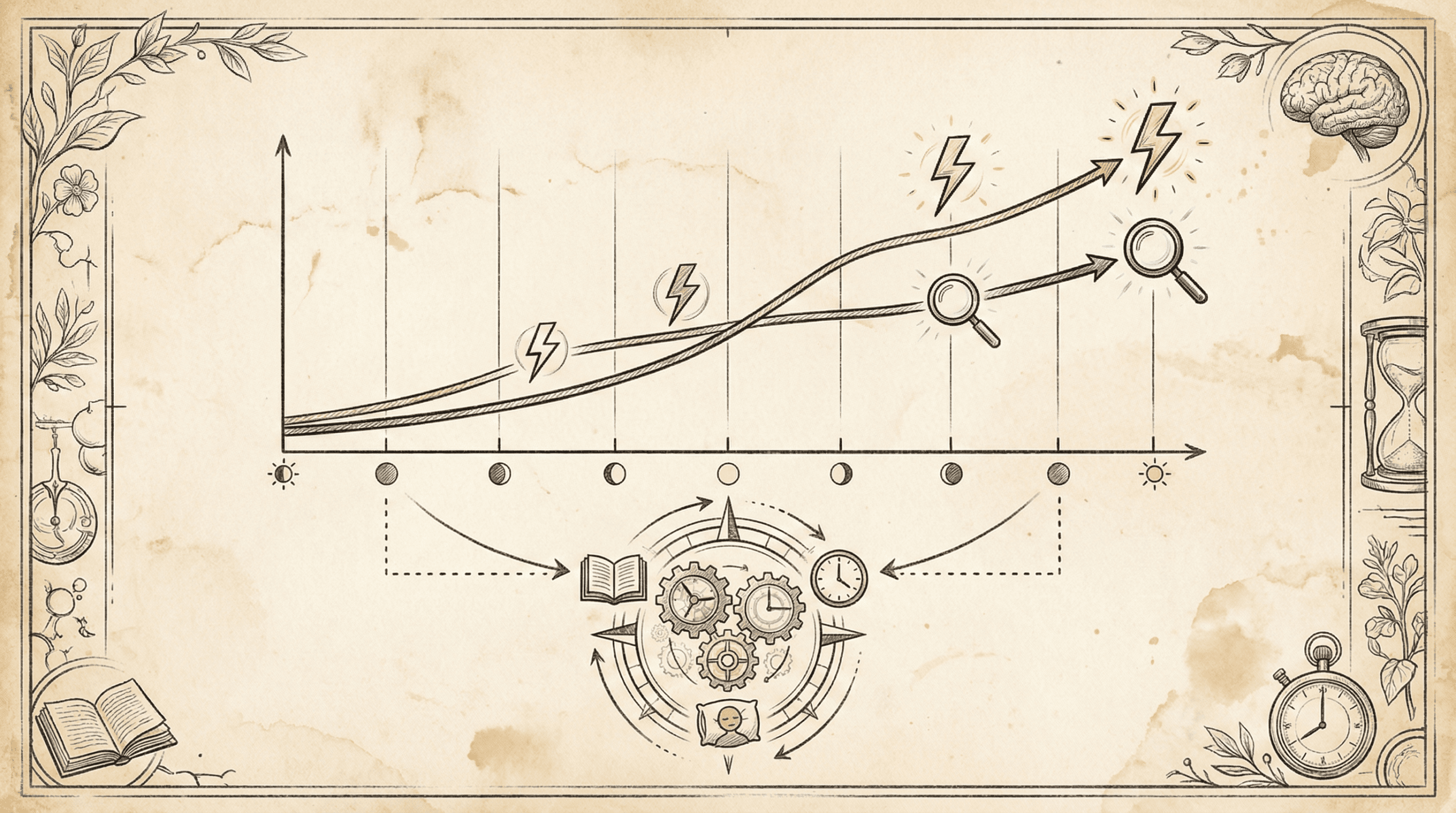 Progress chart showing energy levels and focus quality improving over 8-week period